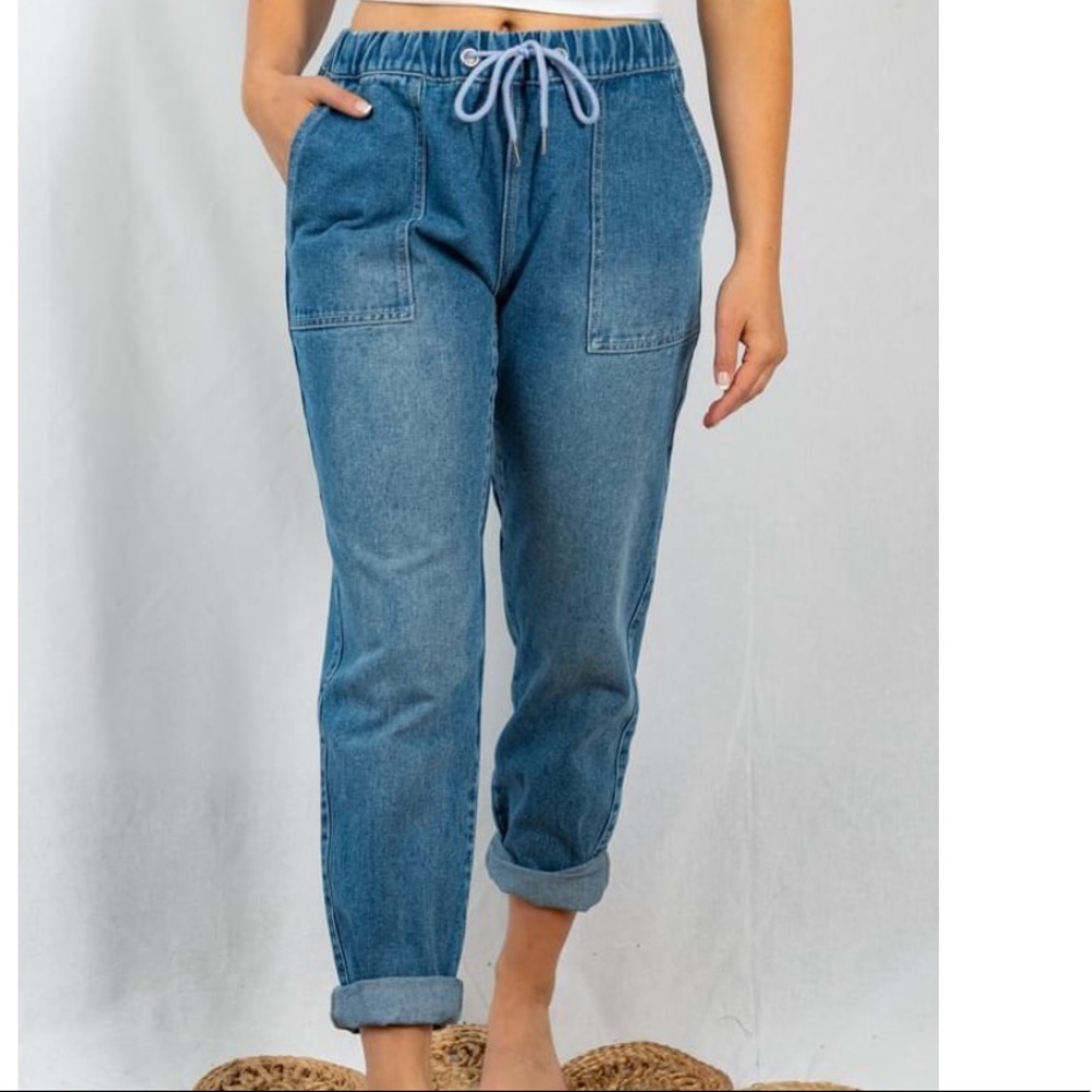 White Birch Denim Joggers Elastic Waist Tie with Pockets Sz S